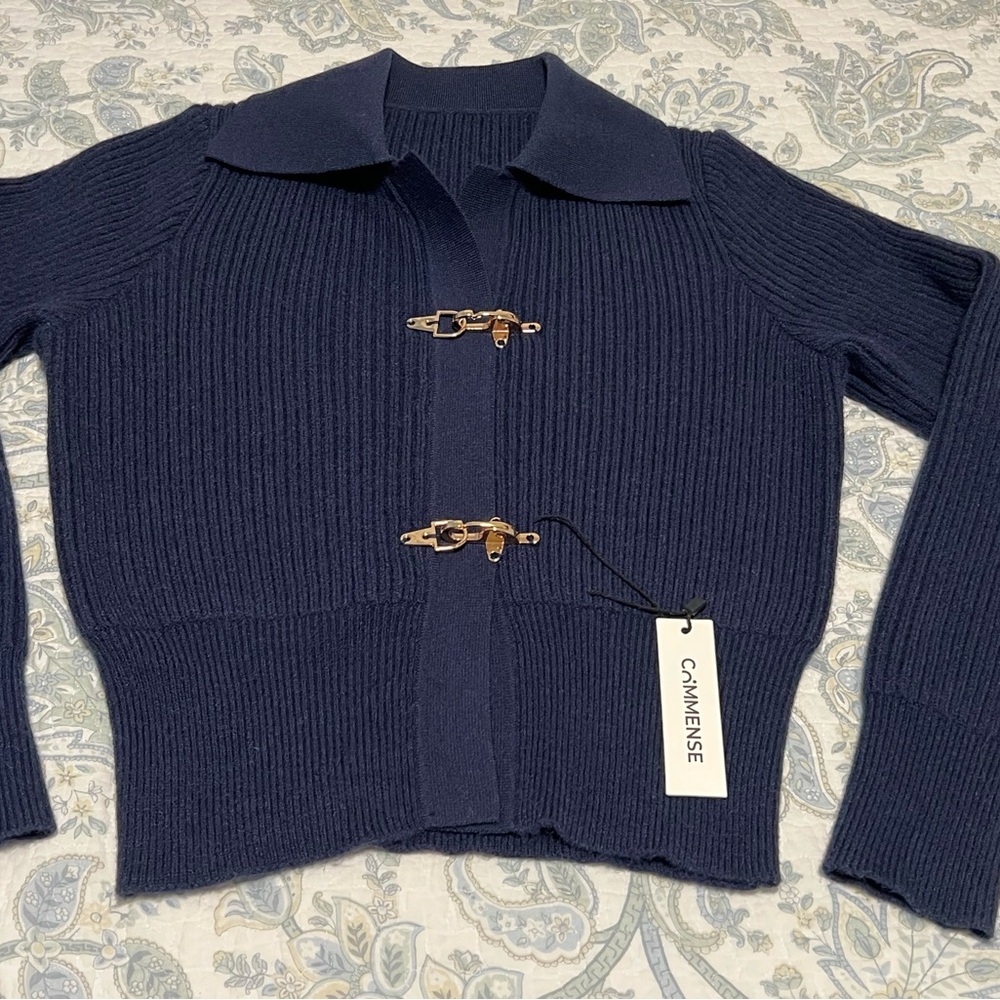 Commense Navy Ribbed Knit Cardigan with Gold Hardware - Picture 5 of 12